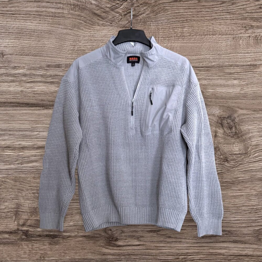 Bass Outdoor Quarter Zip Sweater Gray Waffle Knit Pullover Men XL Utility Pocket
